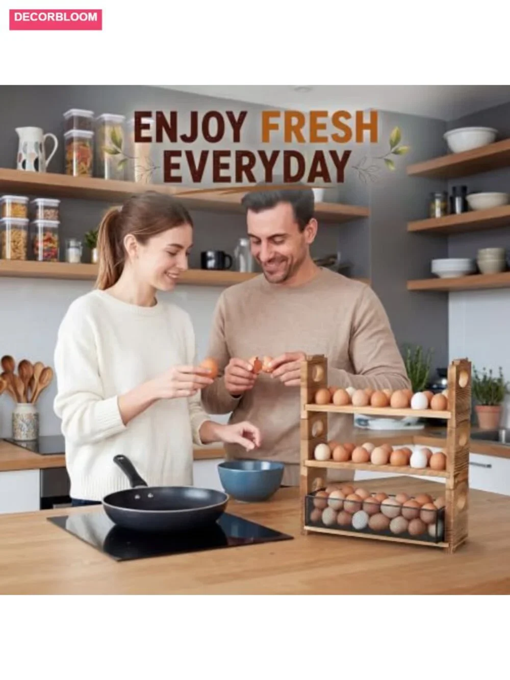 Fumete 3-Tier Wooden Egg Holder Countertop for 48 Eggs